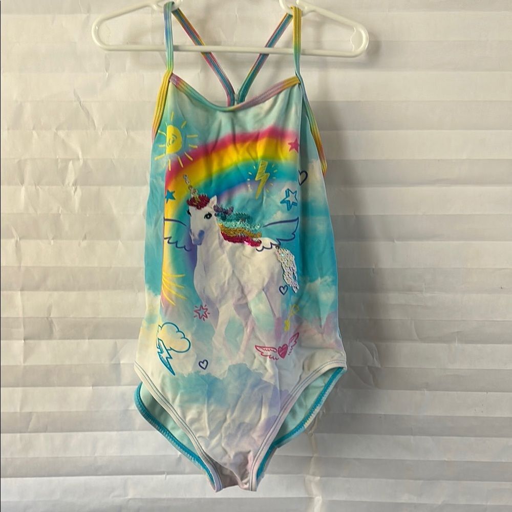 Wonder Nation Girls One-Piece Swimsuit Unicorn Graphic with Sequins Size 7-8